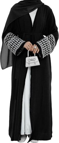 Muslim Abayas for Women Long Sleeve Embroidered Open Front Cardigan Turkey Dubai Maxi Kaftan Dress Ramadan Kimono with Belt in Saudi Arabia