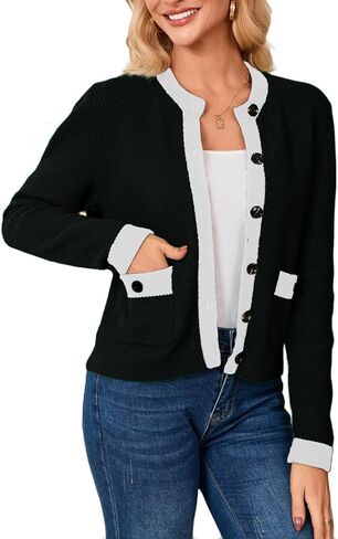 Women's Cardigan Sweater Long Sleeve Open Front Button Down Fall Caedigans Color Block Knit Lady Jacket with Pocket in Saudi Arabia