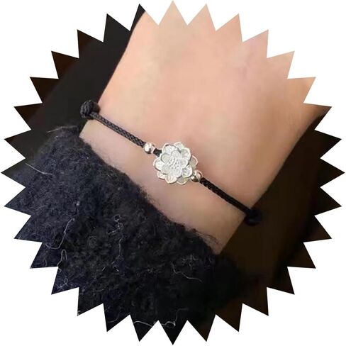 Andelaisi Boho Lotus Flower Hand Bracelet Vintage Lotus Slave Chain Hand Bracelet Black Braided Rope Chain Bracelet Lotus Adjustable Slave Chain Bracelet Jewelry for Women in Saudi Arabia