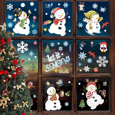 8Pcs Christmas Stickers Watercolor Snowman Glass Sticker Window Decoration Snowflake Elk Sticker Window Stickers Double-Sided Effect in Saudi Arabia