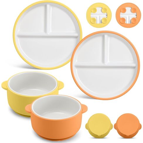 Domensi 4 PCS Porcelain Kids Plates and Bowls مجموعات مع الشفط ، 2 لوحات صغيرة من السيراميك مقسمة 2 أوعية الأكمام من السيليكون المضاد للانزلاق لتغذية لوازم الميكروويف آمنة (الأزرق ، الأخضر) in Saudi Arabia