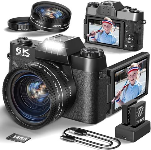 6K Digital Camera for Photography, 64MP Vlogging Camera for YouTube with 3" 180° Flip Screen, 16X Zoom Autofocus Compact Travel Beauty Cameras for Teens, with 32GB Micro SD Card in Kuwait