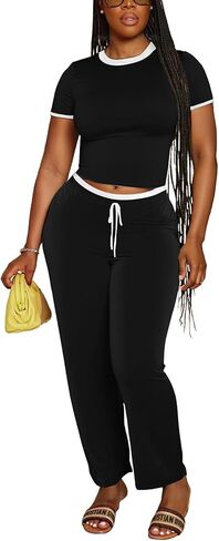 PINSV Women's 2 Piece Outfits Short Sleeve Tops and Long Pants Tracksuit Lounge Sets in Kuwait