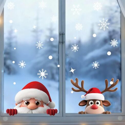 2 Sheets Christmas Window Clings for Glass Santa Claus Reindeer Christmas Window Stickers with Snowflake Double-Sided Xmas Decals Stickers for Winter Holiday Indoor Home Office School Party Decoration in Saudi Arabia