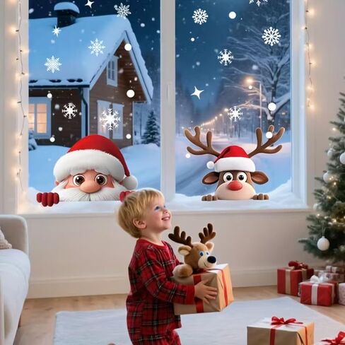 2 Sheets Christmas Window Clings for Glass Santa Claus Reindeer Christmas Window Stickers with Snowflake Double-Sided Xmas Decals Stickers for Winter Holiday Indoor Home Office School Party Decoration in Saudi Arabia