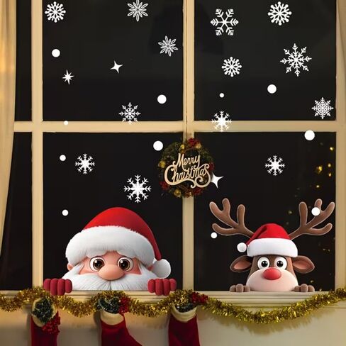 2 Sheets Christmas Window Clings for Glass Santa Claus Reindeer Christmas Window Stickers with Snowflake Double-Sided Xmas Decals Stickers for Winter Holiday Indoor Home Office School Party Decoration in Saudi Arabia