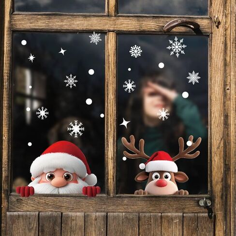 2 Sheets Christmas Window Clings for Glass Santa Claus Reindeer Christmas Window Stickers with Snowflake Double-Sided Xmas Decals Stickers for Winter Holiday Indoor Home Office School Party Decoration in Saudi Arabia