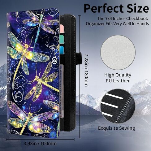 محفظة وحامل دفتر الشيكات KUJKBFWJ | غطاء جلدي للفحوصات المكررة/الجانبية | محفظة نحيفة لدفاتر الشيكات للنساء والرجال مع فتحات للبطاقات، يعسوب قزحي الألوان، حلقة قلم | منظم ممتاز للجنسين in Kuwait