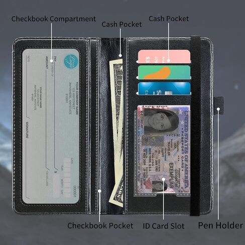 محفظة وحامل دفتر الشيكات KUJKBFWJ | غطاء جلدي للفحوصات المكررة/الجانبية | محفظة نحيفة لدفاتر الشيكات للنساء والرجال مع فتحات للبطاقات، يعسوب قزحي الألوان، حلقة قلم | منظم ممتاز للجنسين in Kuwait