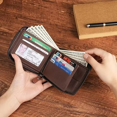 1Pc Men's Fashion Wallet - Durable Faux Leather with Zipper Closure, Multi-Card Slots, and Coin Pocket - Street Style Geometric Pattern in Brown Valentine's Day gift in Saudi Arabia