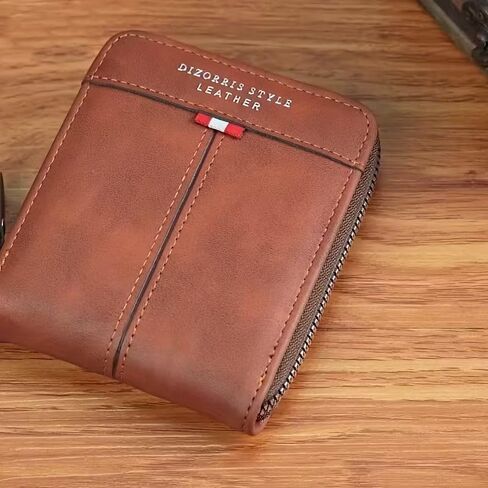 1Pc Men's Fashion Wallet - Durable Faux Leather with Zipper Closure, Multi-Card Slots, and Coin Pocket - Street Style Geometric Pattern in Brown Valentine's Day gift in Saudi Arabia
