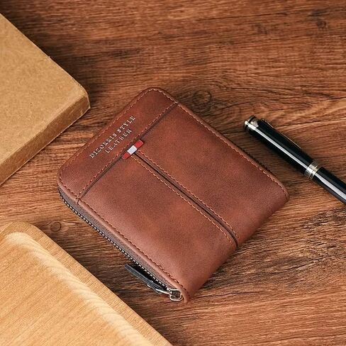 1Pc Men's Fashion Wallet - Durable Faux Leather with Zipper Closure, Multi-Card Slots, and Coin Pocket - Street Style Geometric Pattern in Brown Valentine's Day gift in Saudi Arabia