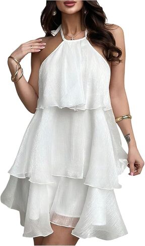 Floerns Women's Elegant Tie Backless Halter Chiffon Dress Sleeveless Tiered A Line Ruffle Hem Flowy Mini Dresses in Kuwait