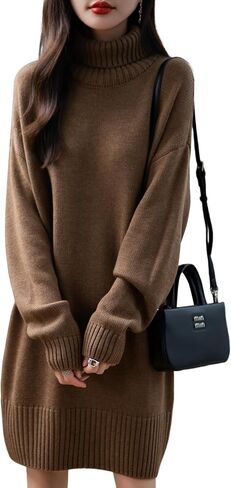 Ciovkis Women's Merino Wool Blend Oversized Sweater Dress 2025 Fall Winter Turtleneck Long Sleeve Knit Knee-Length Dress in Saudi Arabia