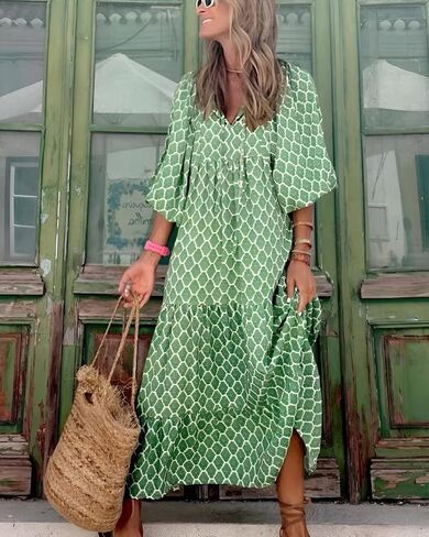 Womens Boho Dresses Summer V Neck Puff Sleeve Floral Flowy Swing Casual Long Dress in Saudi Arabia