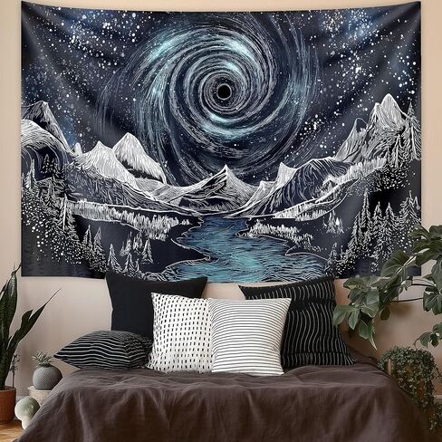Raoycla Black and White Mountain Tapestry, Trippy Galaxy Stars Forest Starry Night Dark Funny Wall Hanging Mens Nature River Landscape Tapestries for Bedroom Living Room Home Decor (60" x 40") in Saudi Arabia