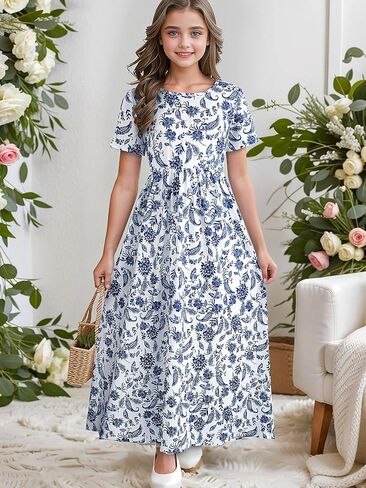 Girls Round Neck Short Sleeve Floral Print Holiday Casual Summer Boho A-line Flowy Maxi Dresses 11-14 Years in Saudi Arabia