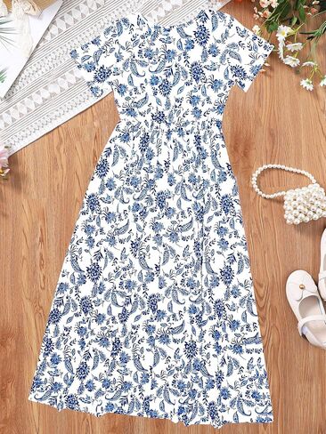 Girls Round Neck Short Sleeve Floral Print Holiday Casual Summer Boho A-line Flowy Maxi Dresses 11-14 Years in Saudi Arabia