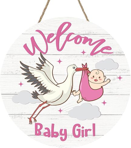 Bolisom Welcome Baby Girls Front Door Sign, Newborn Baby Shower Stork Wood Hanger Nursery Home Decor Gifts for New Dad Mom, Farmhouse Gender Reveal Party Wooden Wreath Indoor Wall Hanging Decoration in Saudi Arabia