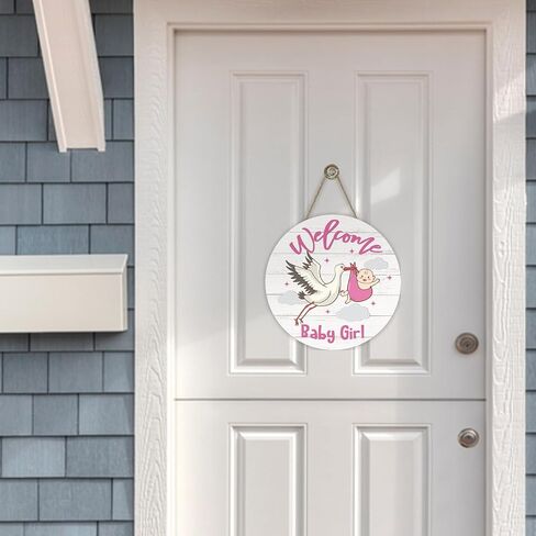 Bolisom Welcome Baby Girls Front Door Sign, Newborn Baby Shower Stork Wood Hanger Nursery Home Decor Gifts for New Dad Mom, Farmhouse Gender Reveal Party Wooden Wreath Indoor Wall Hanging Decoration in Saudi Arabia