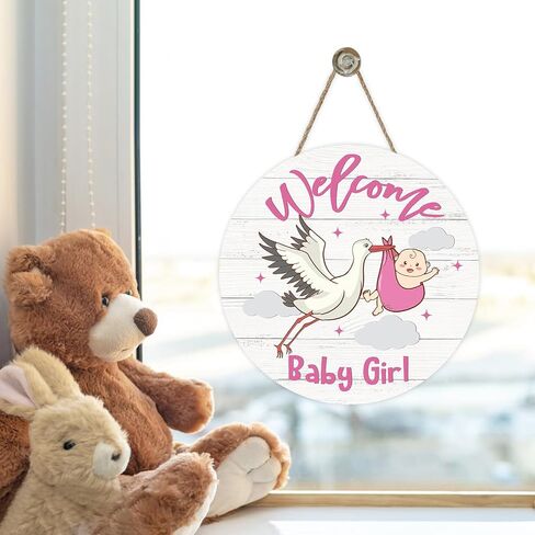 Bolisom Welcome Baby Girls Front Door Sign, Newborn Baby Shower Stork Wood Hanger Nursery Home Decor Gifts for New Dad Mom, Farmhouse Gender Reveal Party Wooden Wreath Indoor Wall Hanging Decoration in Saudi Arabia