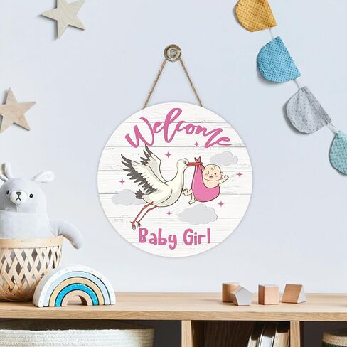 Bolisom Welcome Baby Girls Front Door Sign, Newborn Baby Shower Stork Wood Hanger Nursery Home Decor Gifts for New Dad Mom, Farmhouse Gender Reveal Party Wooden Wreath Indoor Wall Hanging Decoration in Saudi Arabia