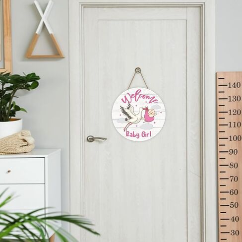 Bolisom Welcome Baby Girls Front Door Sign, Newborn Baby Shower Stork Wood Hanger Nursery Home Decor Gifts for New Dad Mom, Farmhouse Gender Reveal Party Wooden Wreath Indoor Wall Hanging Decoration in Saudi Arabia