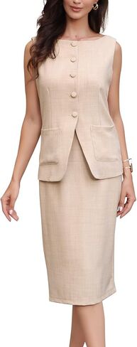 Allegra K 2 Piece Skirt Sets for Women's Linen Sleeveless Boat Neck Button Down Blazer and Pencil Skirt Business Suits in Saudi Arabia