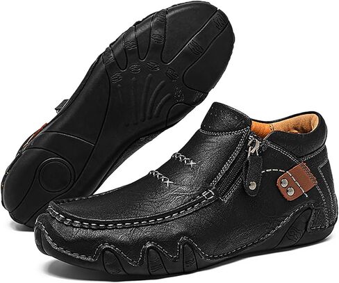 ENOEGMSD Men's Leather Hand Stitching High Top Ankle Boots Comfort Slip On Orthopedic Leather Boots Men Side Zipper Driving Hiking Casual Non-Slip Waterproof Driving Chukka Boots in Saudi Arabia