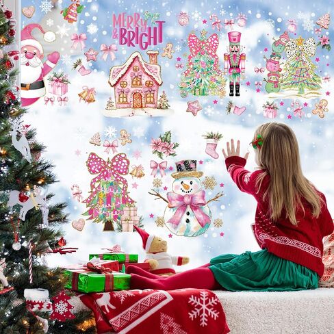 Gersoniel 6 Sheets Pink Christmas Window Clings for Glass, Bow Coquette Decorations Scarecrow Decals Double Sided Window Stickers for Party Mirrors in Saudi Arabia