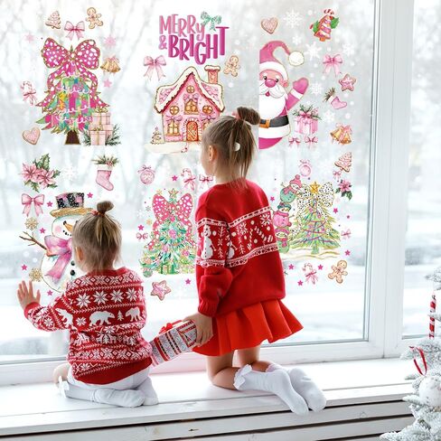 Gersoniel 6 Sheets Pink Christmas Window Clings for Glass, Bow Coquette Decorations Scarecrow Decals Double Sided Window Stickers for Party Mirrors in Saudi Arabia