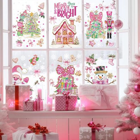 Gersoniel 6 Sheets Pink Christmas Window Clings for Glass, Bow Coquette Decorations Scarecrow Decals Double Sided Window Stickers for Party Mirrors in Saudi Arabia