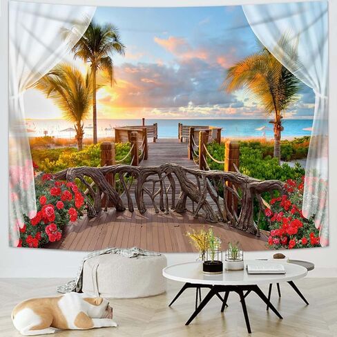 dueeia Beach Window Tapestry Wall Hanging Beachy Coastal Ocean Nature Tropical Landscape Scenic Tapestries for Bedroom Living Room Wall Decor (59.1"x51.2") in Saudi Arabia
