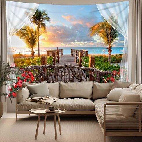 dueeia Beach Window Tapestry Wall Hanging Beachy Coastal Ocean Nature Tropical Landscape Scenic Tapestries for Bedroom Living Room Wall Decor (59.1"x51.2") in Saudi Arabia