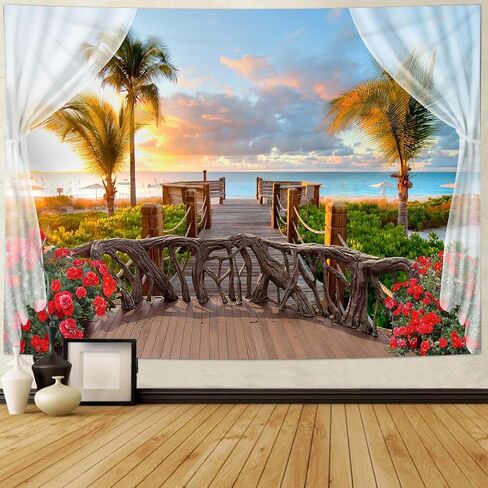 dueeia Beach Window Tapestry Wall Hanging Beachy Coastal Ocean Nature Tropical Landscape Scenic Tapestries for Bedroom Living Room Wall Decor (59.1"x51.2") in Saudi Arabia