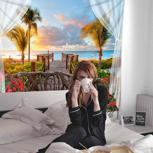 dueeia Beach Window Tapestry Wall Hanging Beachy Coastal Ocean Nature Tropical Landscape Scenic Tapestries for Bedroom Living Room Wall Decor (59.1"x51.2") in Saudi Arabia