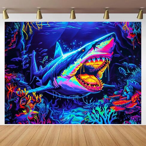نسيج BlissYard Shark Ocean Blacklight يتوهج في الظلام، جدار تفاعلي للأشعة فوق البنفسجية للتعليق مع ملصق رعب مرجاني نيون مخدر، مفروشات ضوء أسود لديكور حفلات غرفة النوم, 78x59 بوصة in Saudi Arabia