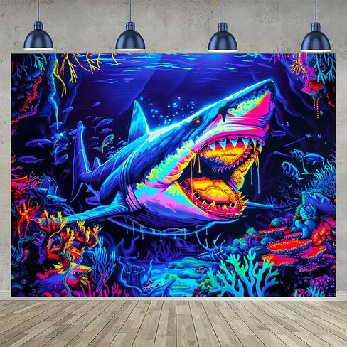 نسيج BlissYard Shark Ocean Blacklight يتوهج في الظلام، جدار تفاعلي للأشعة فوق البنفسجية للتعليق مع ملصق رعب مرجاني نيون مخدر، مفروشات ضوء أسود لديكور حفلات غرفة النوم, 78x59 بوصة in Saudi Arabia