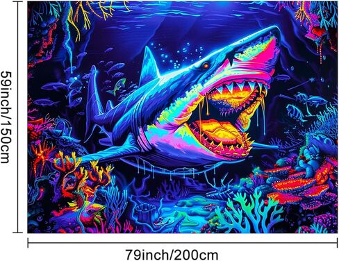 نسيج BlissYard Shark Ocean Blacklight يتوهج في الظلام، جدار تفاعلي للأشعة فوق البنفسجية للتعليق مع ملصق رعب مرجاني نيون مخدر، مفروشات ضوء أسود لديكور حفلات غرفة النوم, 78x59 بوصة in Saudi Arabia