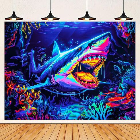 نسيج BlissYard Shark Ocean Blacklight يتوهج في الظلام، جدار تفاعلي للأشعة فوق البنفسجية للتعليق مع ملصق رعب مرجاني نيون مخدر، مفروشات ضوء أسود لديكور حفلات غرفة النوم, 78x59 بوصة in Saudi Arabia
