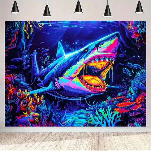 نسيج BlissYard Shark Ocean Blacklight يتوهج في الظلام، جدار تفاعلي للأشعة فوق البنفسجية للتعليق مع ملصق رعب مرجاني نيون مخدر، مفروشات ضوء أسود لديكور حفلات غرفة النوم, 78x59 بوصة in Saudi Arabia