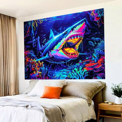 نسيج BlissYard Shark Ocean Blacklight يتوهج في الظلام، جدار تفاعلي للأشعة فوق البنفسجية للتعليق مع ملصق رعب مرجاني نيون مخدر، مفروشات ضوء أسود لديكور حفلات غرفة النوم, 78x59 بوصة in Saudi Arabia