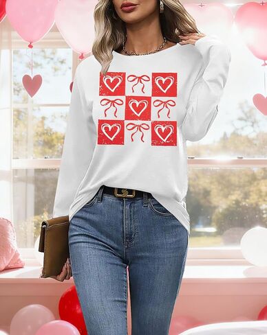 Valentines Shirt Women Love Heart Long Sleeve Shirts Valentine's Day Lover Crewneck Top in Saudi Arabia
