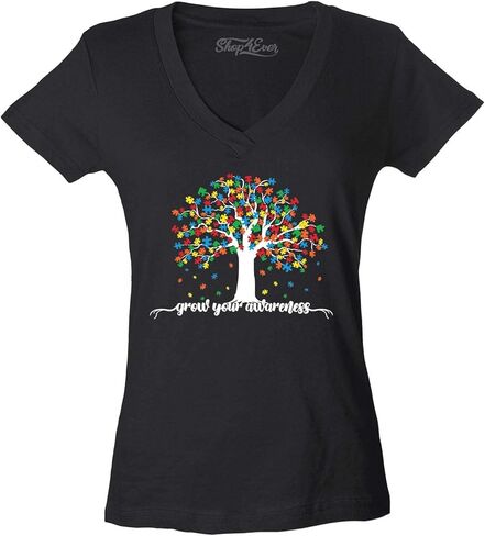 shop4ever® Grow Your Awareness Autism Puzzle Tree Women's V-Neck T-Shirt Slim Fit in Saudi Arabia