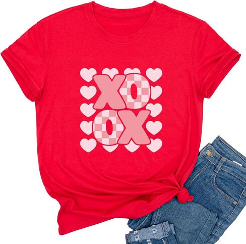 قمصان Yimoya النسائية ذات طباعة الفهد لعيد الحب، هدايا برسومات جاموسة لطيفة على شكل قلب XOXO in Kuwait