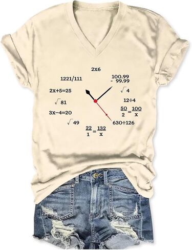 Math Teacher Shirt Women Mathematical Expressions Clock V Neck Graphic Tees Math Lover Tshirt Teacher Life T-Shirt Top in Saudi Arabia