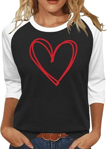 Valentines Shirts Women Heart Love Printed T-Shirts 3/4 Sleeve Holiday Graphic Tee Reglan Tops in Saudi Arabia