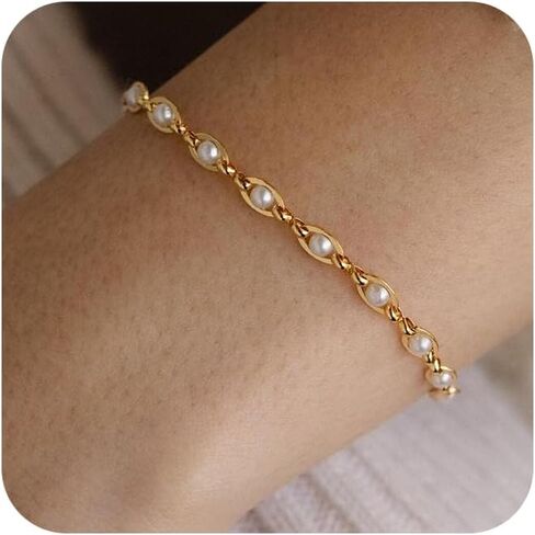 SELFROSE Pearl Bracelets for Women Trendy,14K Gold Plated Dainty Gold Bracelet Cute Womens Bracelet Stack Pearl Bead Chain Bracelets for Women Non Tarnish Jewelry in Saudi Arabia