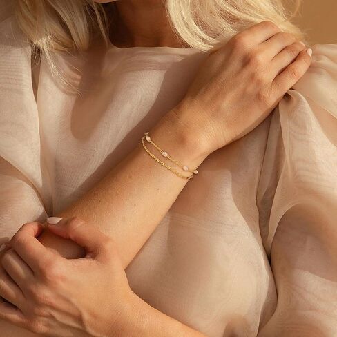SELFROSE Pearl Bracelets for Women Trendy,14K Gold Plated Dainty Gold Bracelet Cute Womens Bracelet Stack Pearl Bead Chain Bracelets for Women Non Tarnish Jewelry in Saudi Arabia