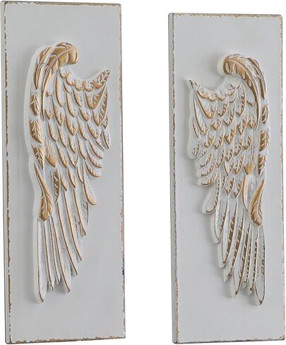SOFE 2 Pcs Vintage Wood Carved Gold Angel Wings Wall Decor, 16 Inches Tall Wall Sculpture, 3D Art Wall Decor Distressed White for Home Bedroom, Hotel, Cafe, Office in Saudi Arabia